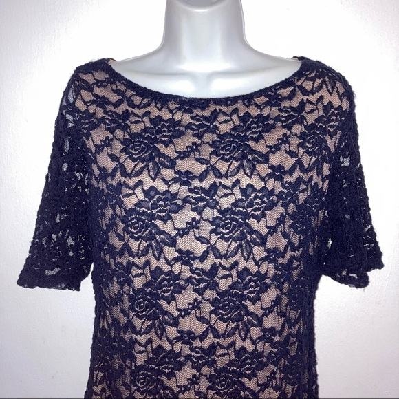 Candalite Scalloped Stretch Lace Cut out Back Navy Blue Tan Dress M - Picture 3 of 7